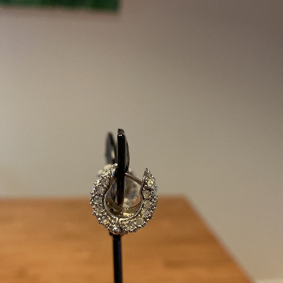 Earrings.  Rhinestone huggies with pink flowers.  L: 1/2 in.  Never worn - Picture 3 of 4